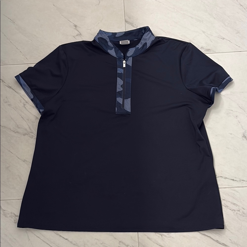 Chico's woman’s energy preformance Dark Polo with blue camo Trim-